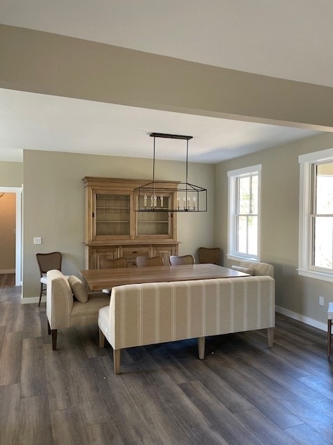 Custom New Build dining room with natural wood hutch, rectangular chandelier, and wide-plank hardwood floors — Bedford, NH