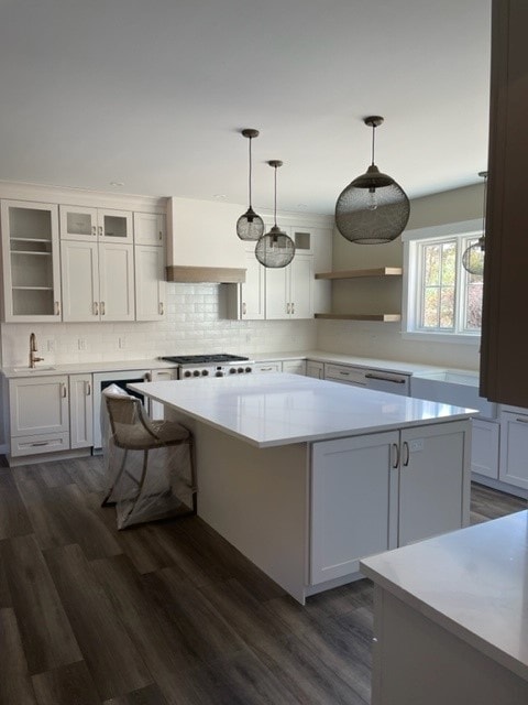 Custom New Build kitchen with white shaker cabinets, quartz island, subway tile backsplash, and mesh pendant lights — Bedford, NH
