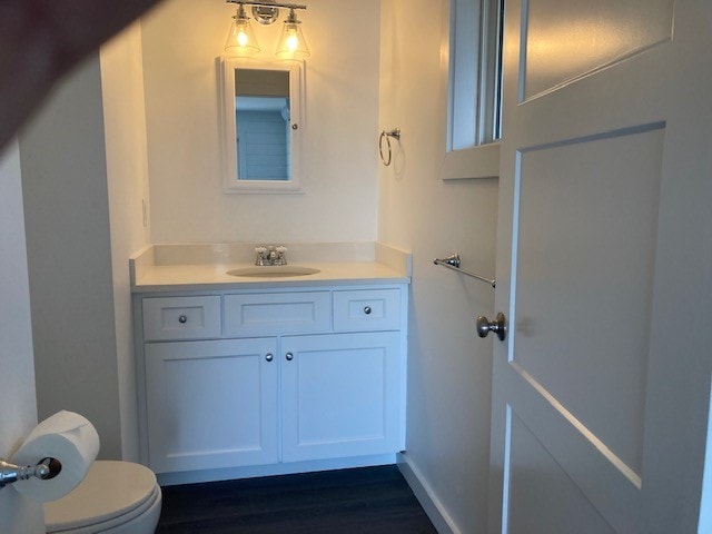 Lake Winnisquam Cottage Remodel bathroom with white shaker vanity, quartz countertop, chrome fixtures, medicine cabinet mirror, and dark hardwood floors — Winnisquam, NH